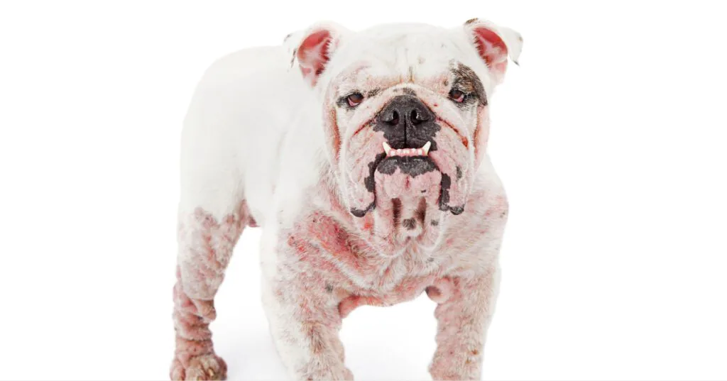 white bulldog with mange on a white background