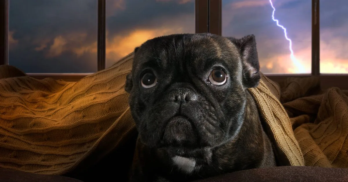 French bulldog hiding under blankets during a thunderstorm